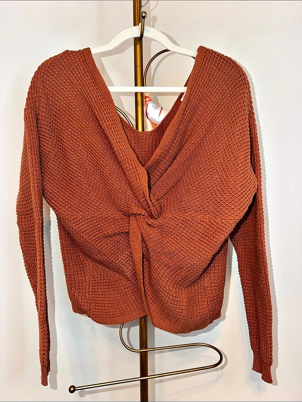 moon & madison Twist Front Waffle Knit Sweater Brown Medium